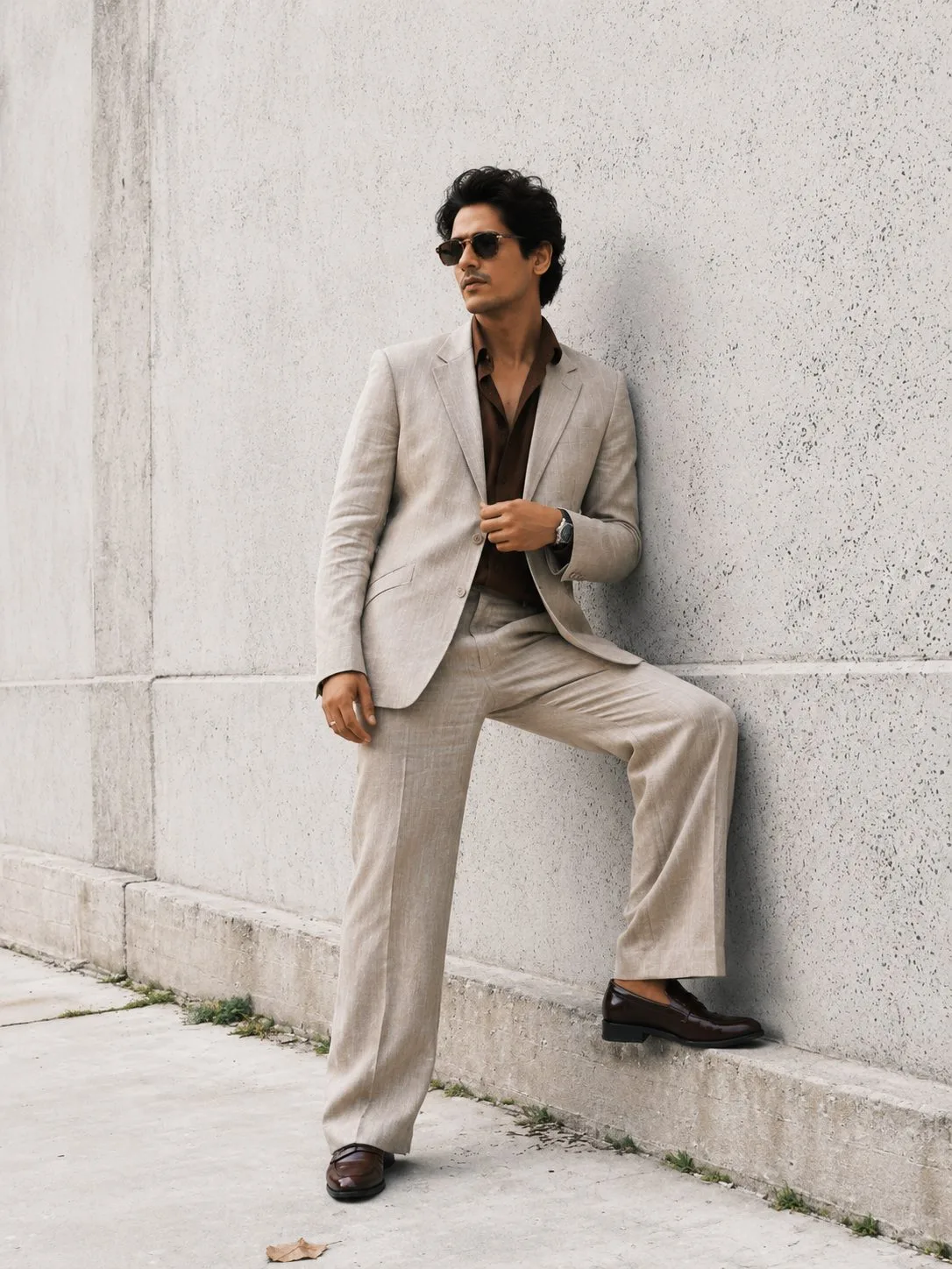 Brown Blazer Editorial Portrait Against a Concrete Wall