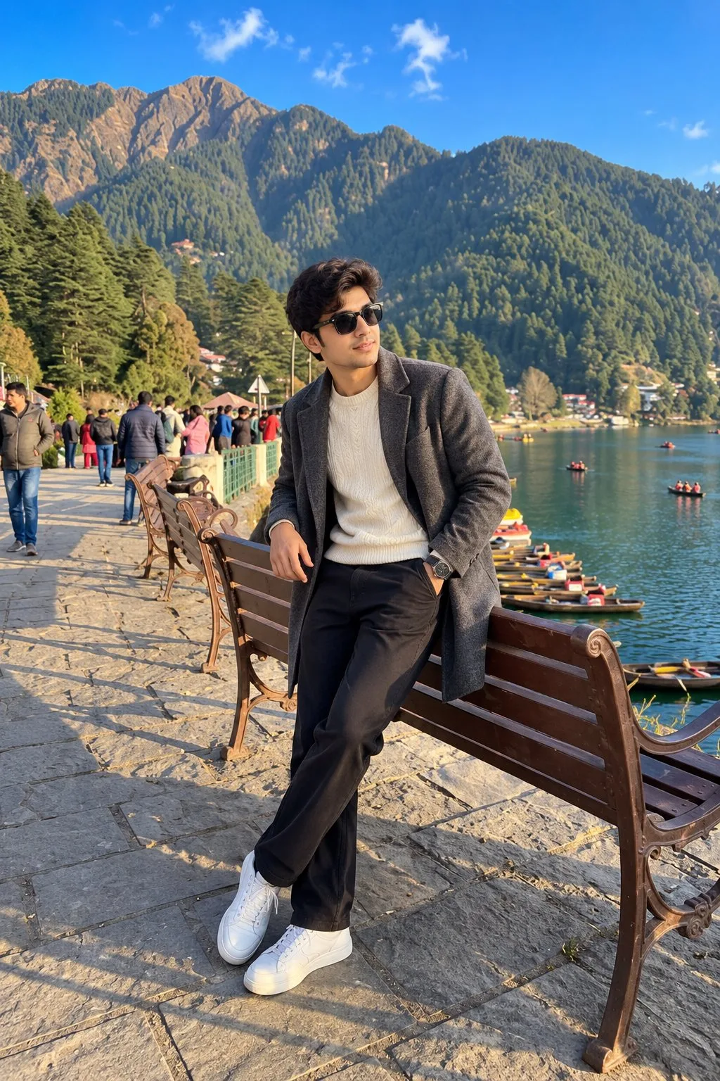 Charcoal Overcoat Lakeside Travel Portrait in Nainital