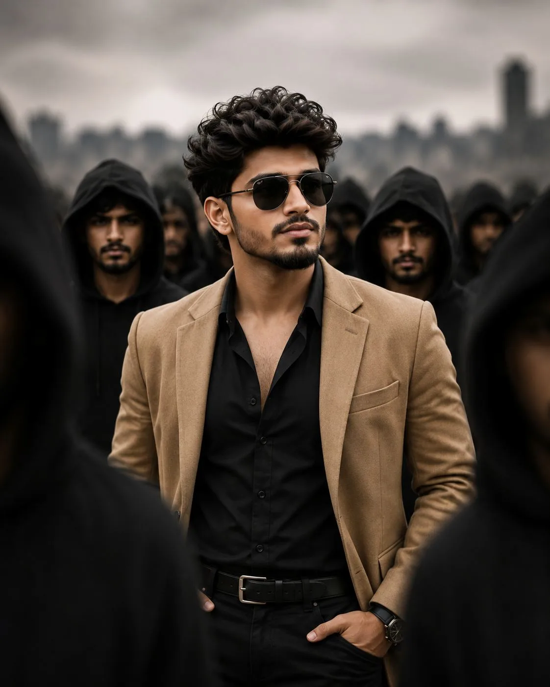 Cinematic Indian Man Surrounded by a Dark Hooded Crowd