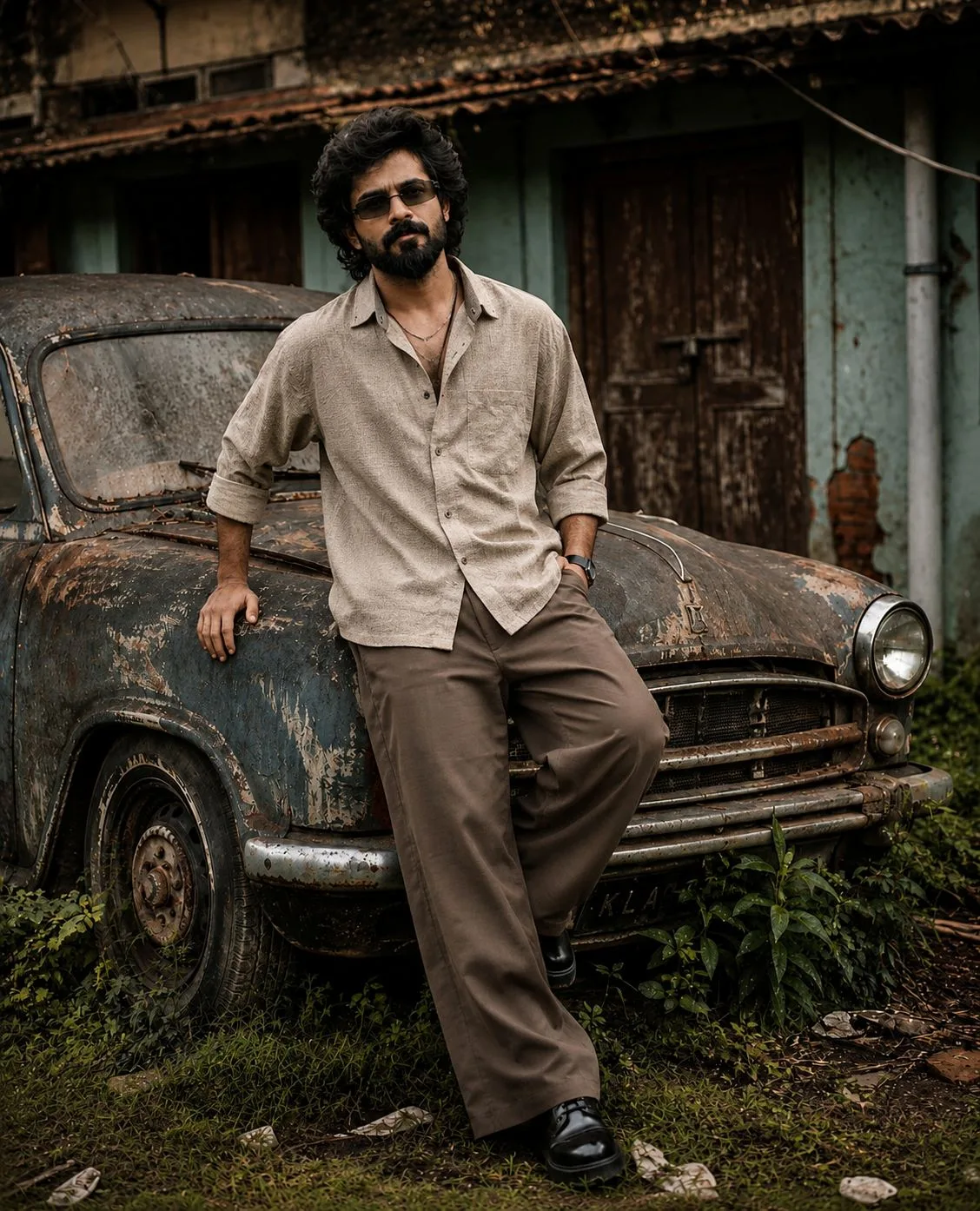 Cinematic Vintage Car AI Photo – Rugged Outdoor Portrait