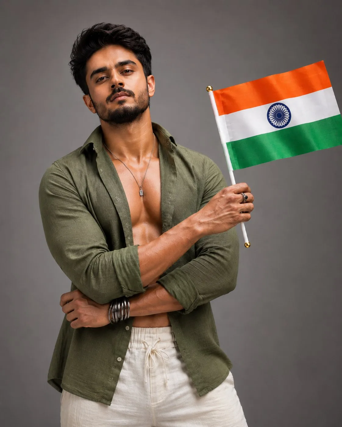 Confident Indian Flag Portrait in Olive Shirt