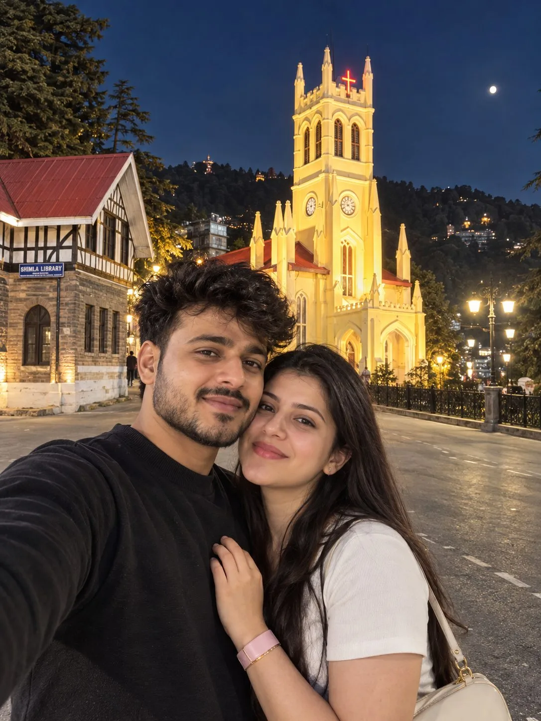 Couple Selfie at Christ Church Shimla at Night