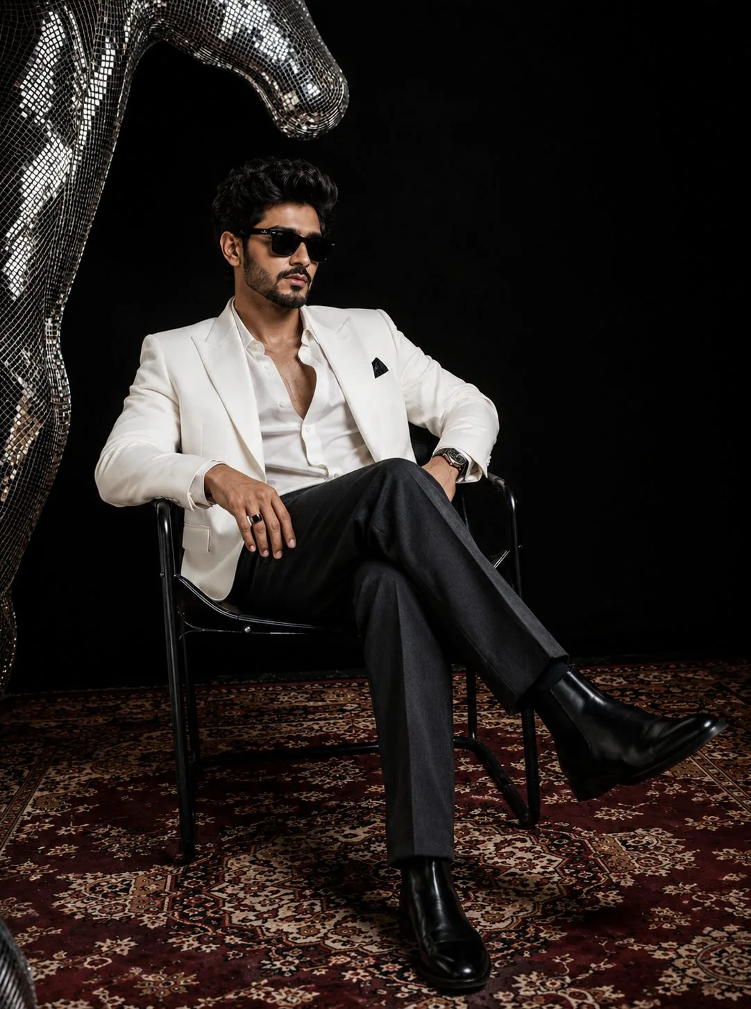 Dark Luxury Seated Fashion Portrait