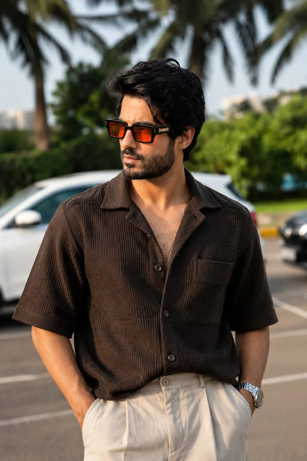 Dark Teal Outdoor Fashion Portrait with Sunglasses