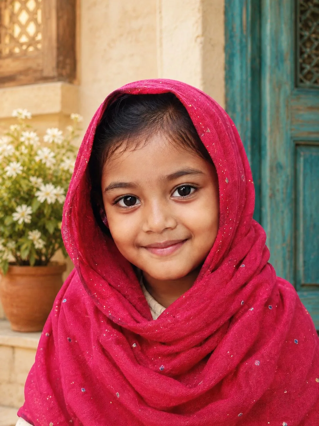 Indian Little Girl Wearing a Red Dupatta