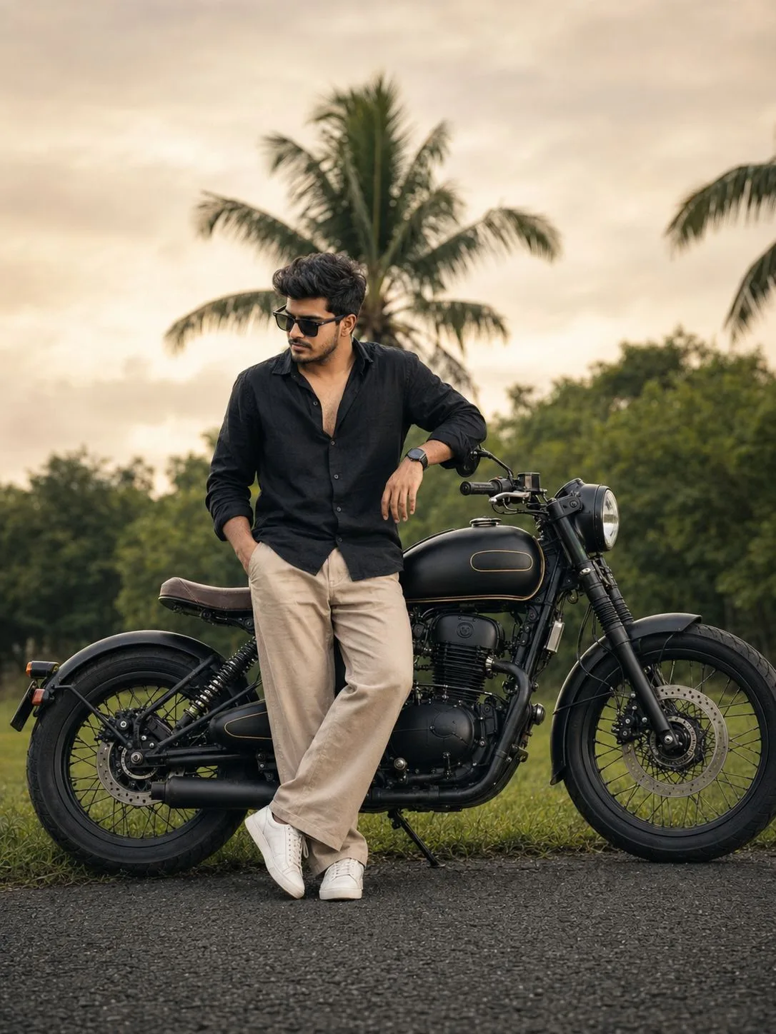 Indian Man Posing with a Retro Motorcycle