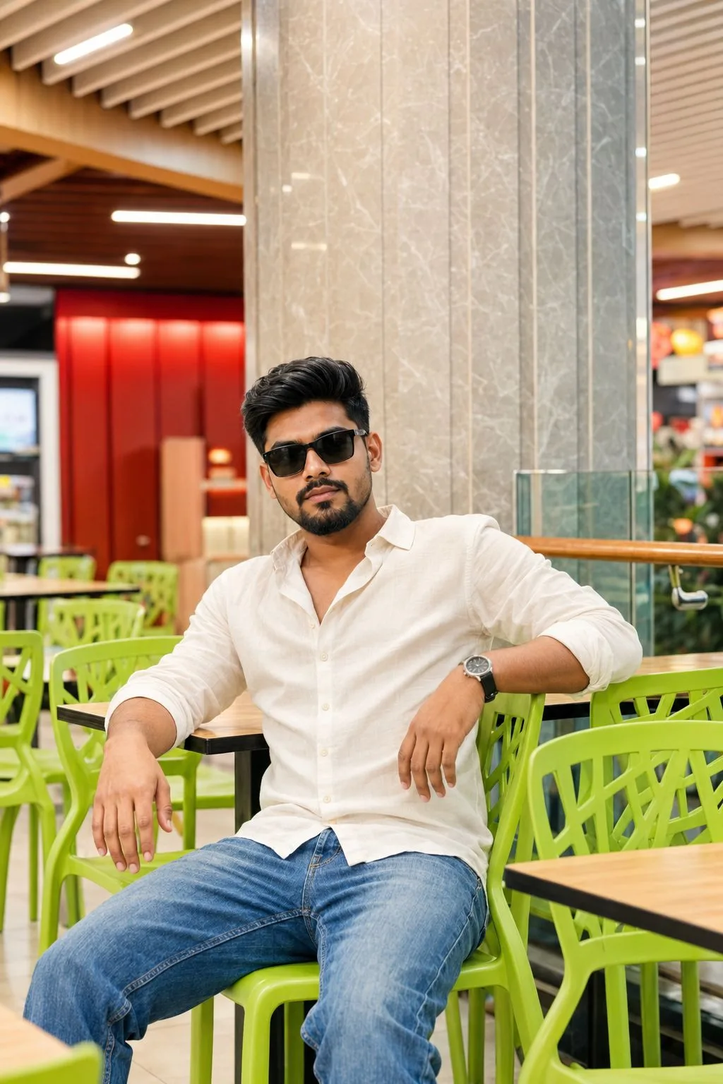 Indian Man Sitting in a Modern Food Court
