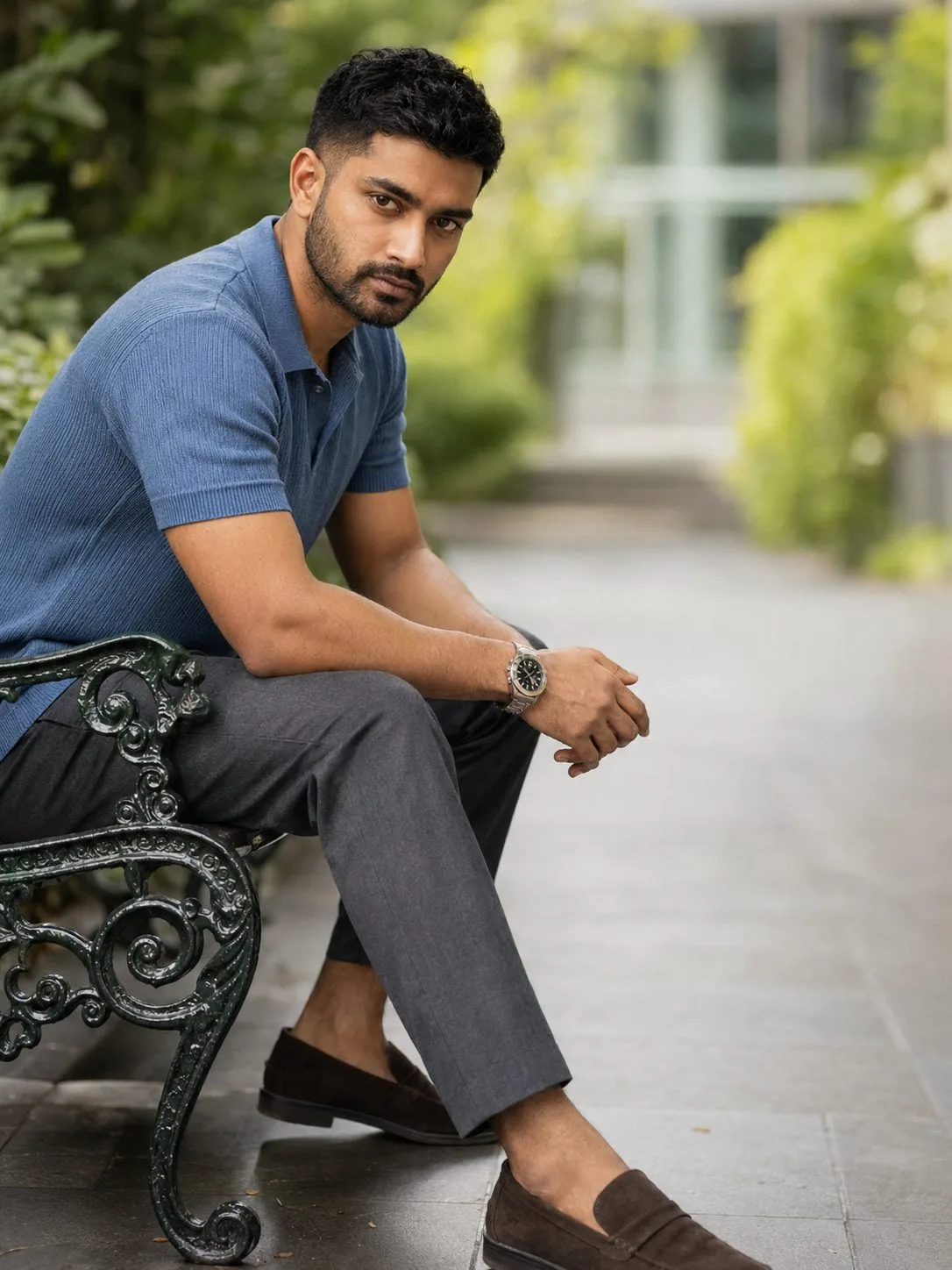 Indian Man Sitting on Garden Bench