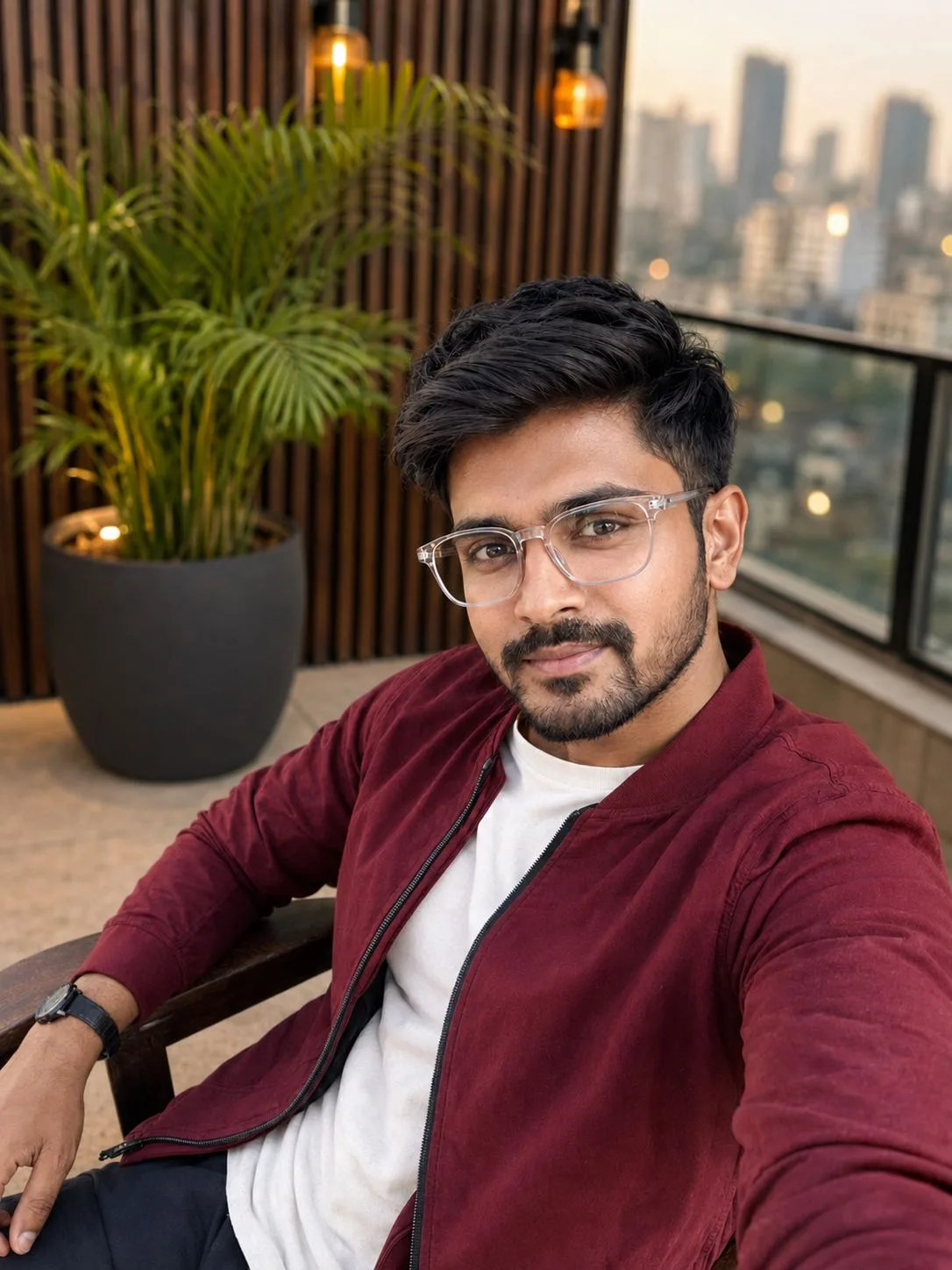 Indian Man Taking a Selfie at Rooftop Café