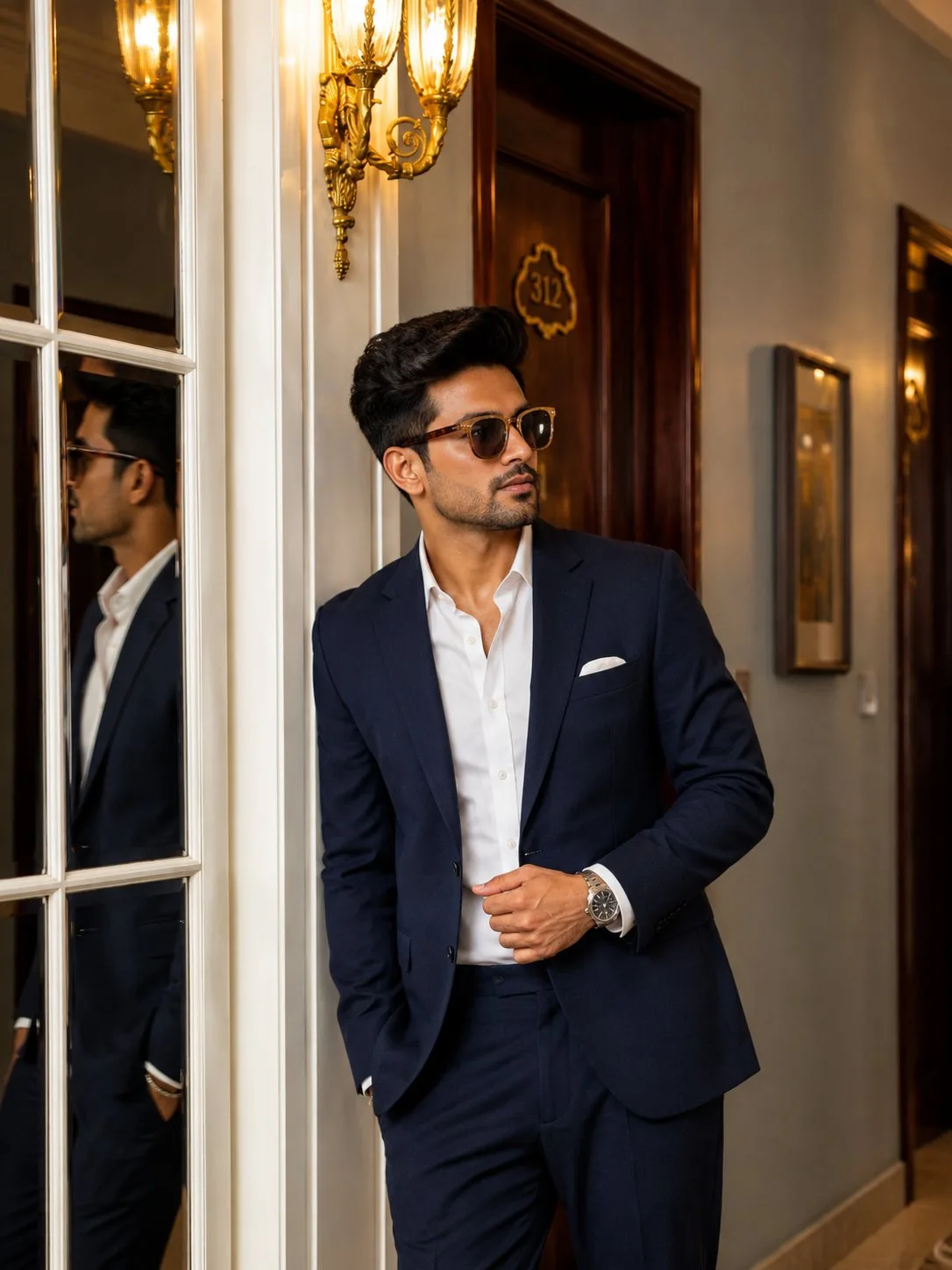 Luxury Hotel Corridor Portrait in Navy Suit