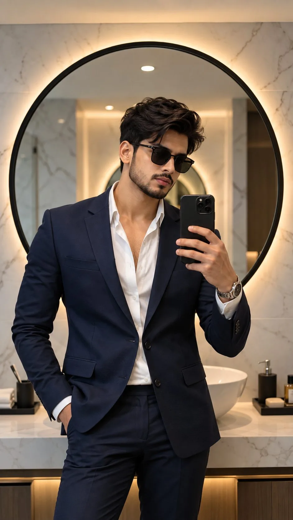 Luxury Navy Suit Mirror Selfie