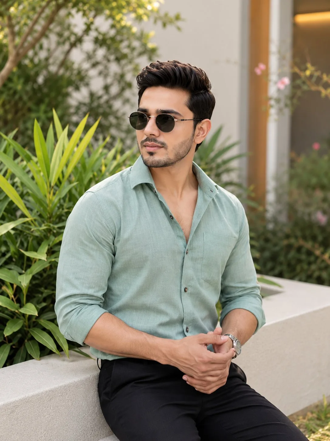 Mint Linen Shirt Garden Portrait