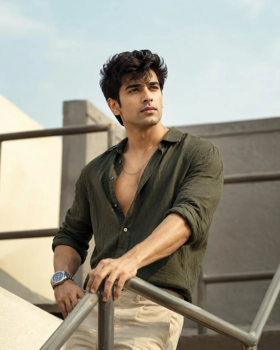 Olive Green Linen Shirt Rooftop Portrait