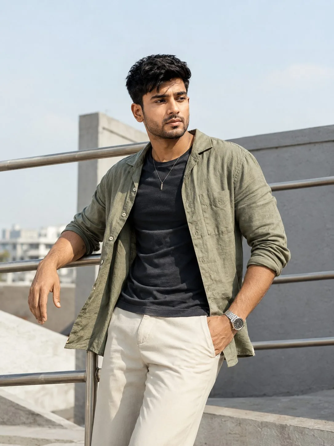 Olive Linen Rooftop Fashion Portrait