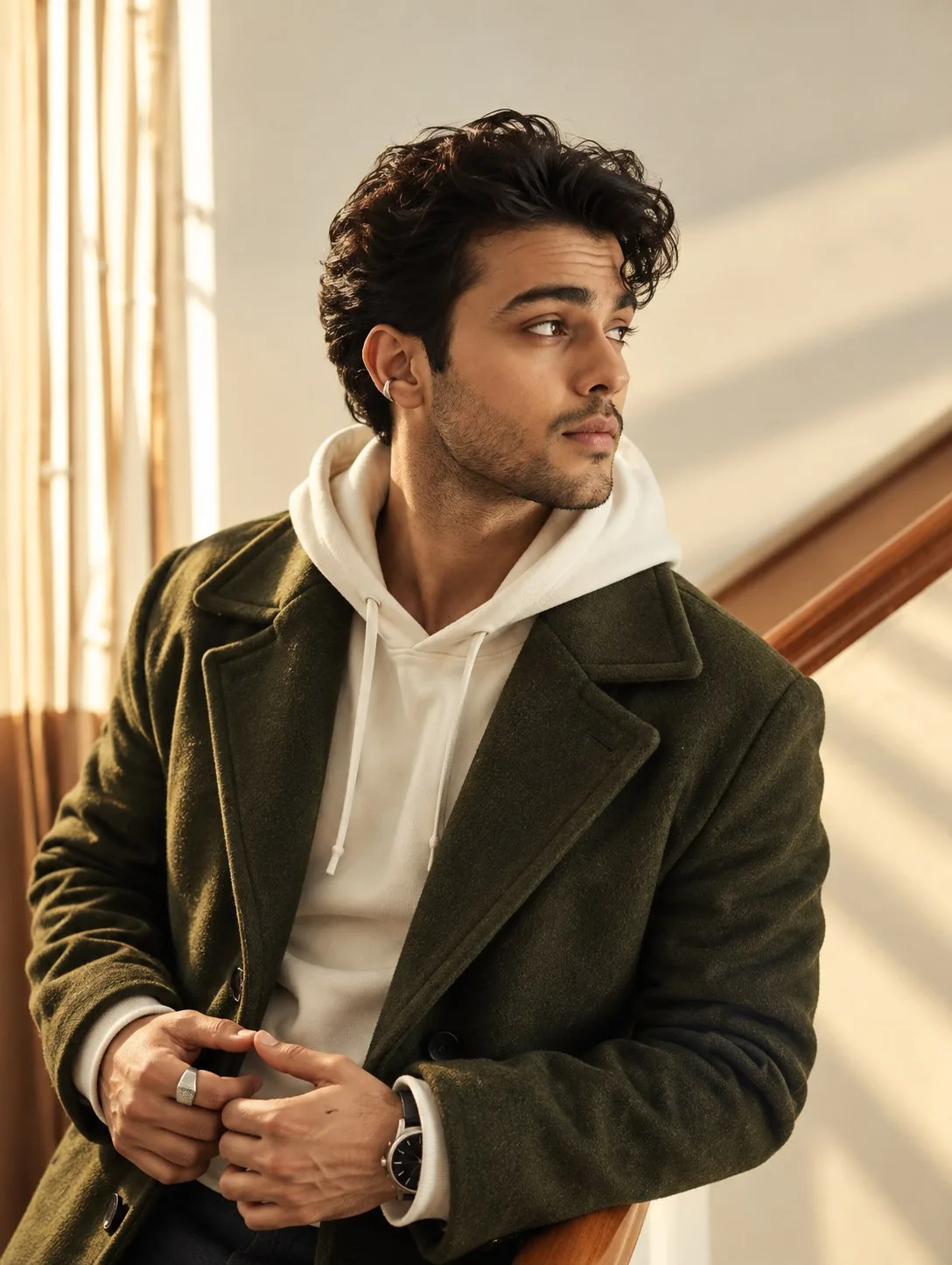 Olive Overcoat Warm Staircase Portrait