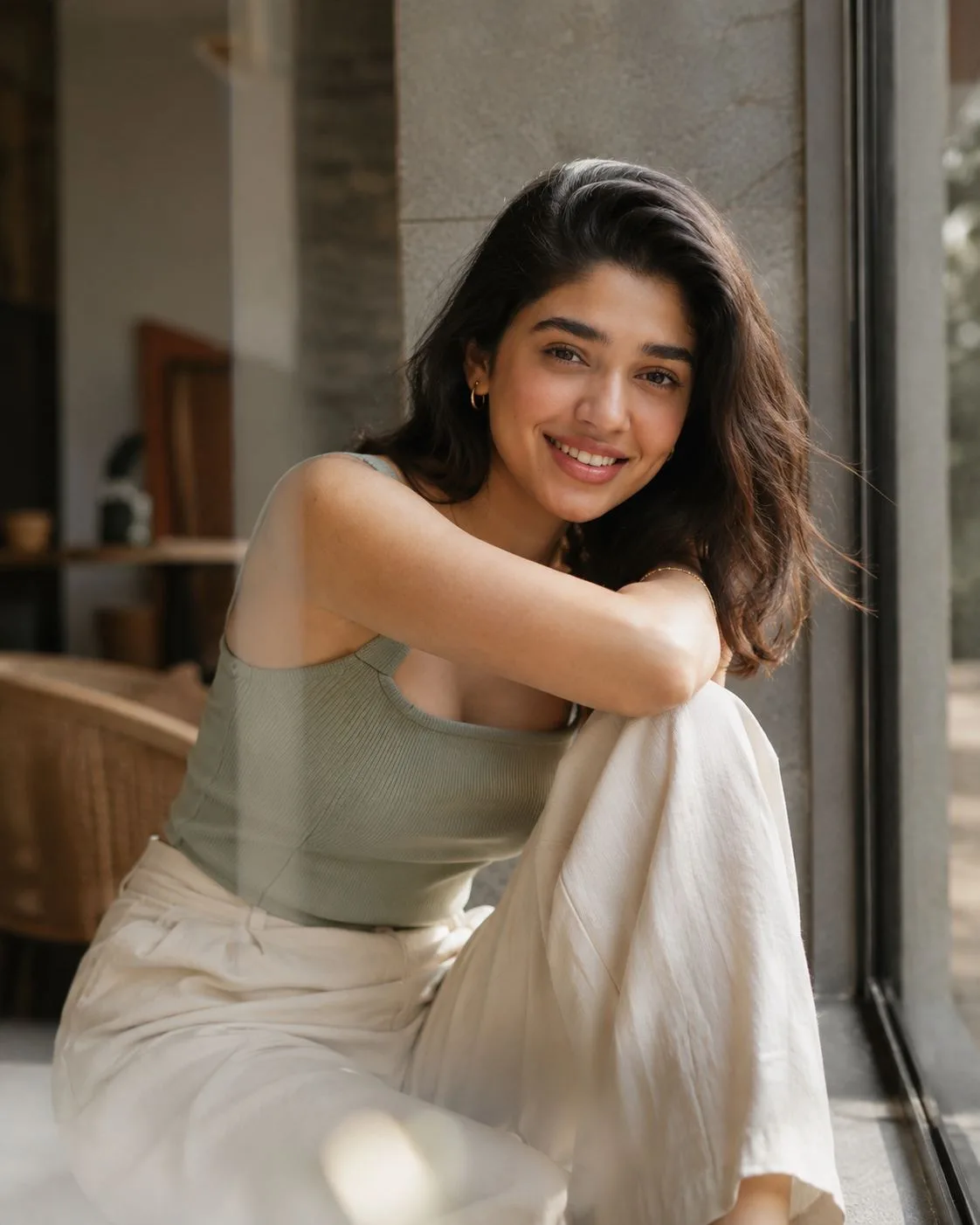 Sage Green Knit Top Café Lifestyle Portrait