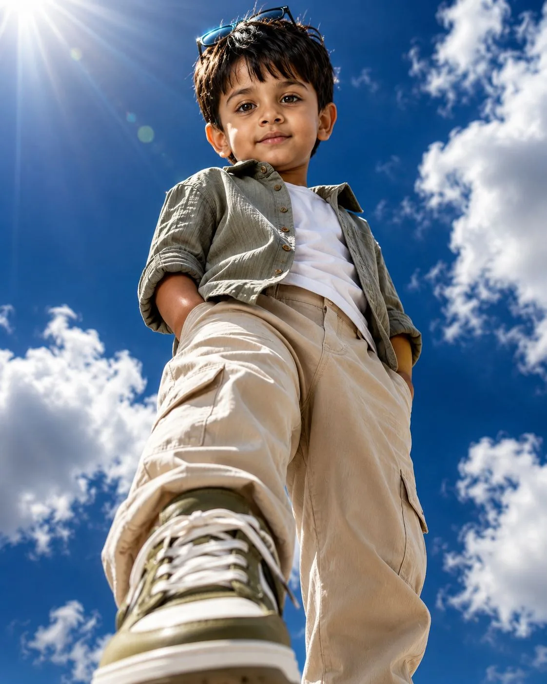 Sky High — Dramatic Low-Angle Indian Boy Portrait