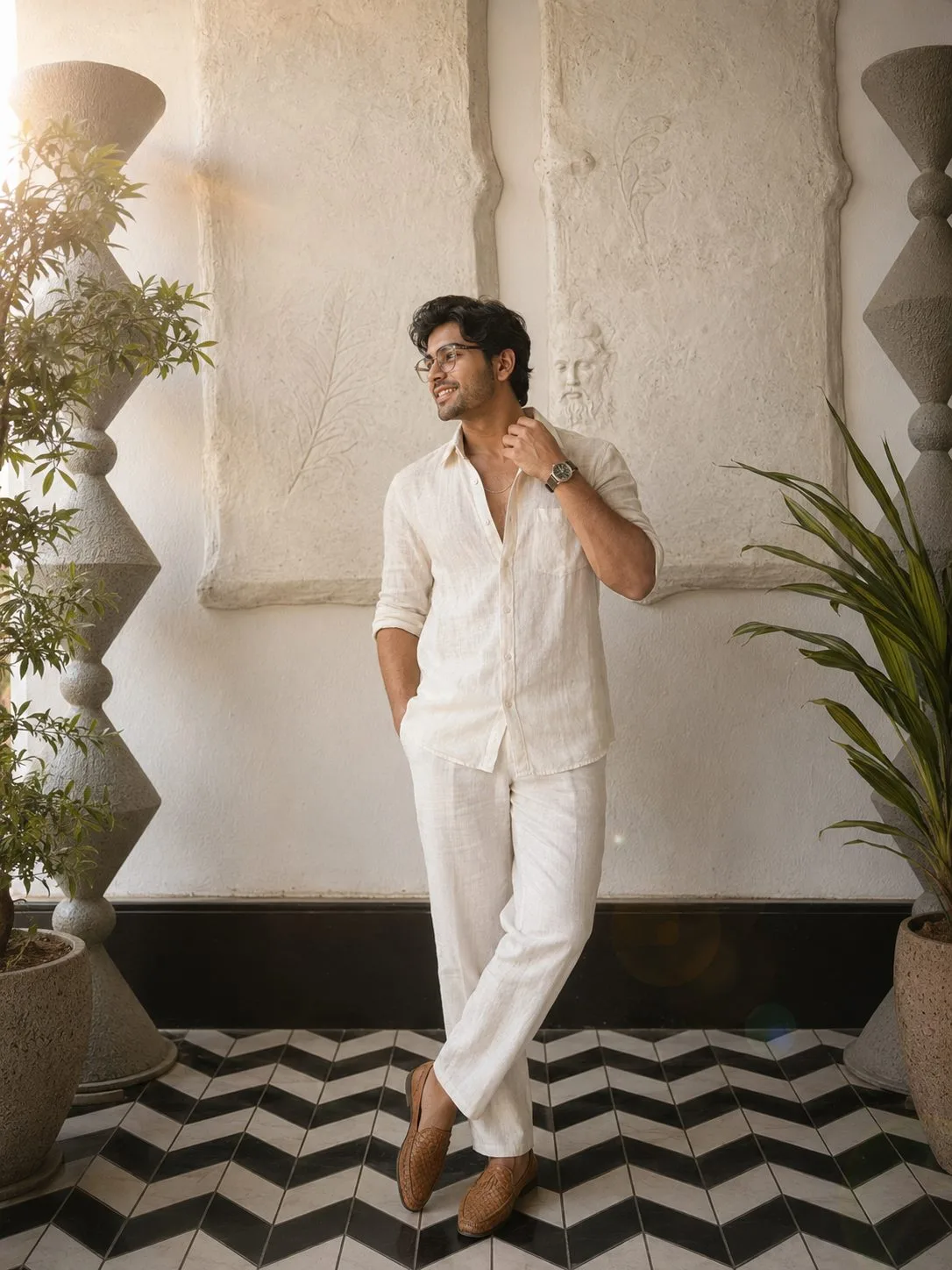 Stylish Indian Man in an Elegant All-White Linen Outfit