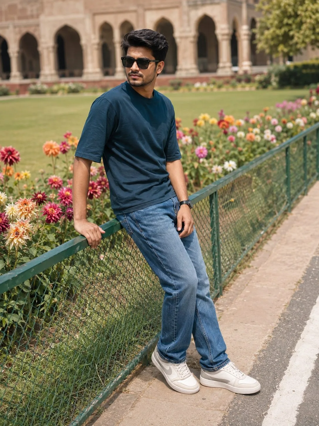 Stylish Indian Man Posing Beside a Flower Garden