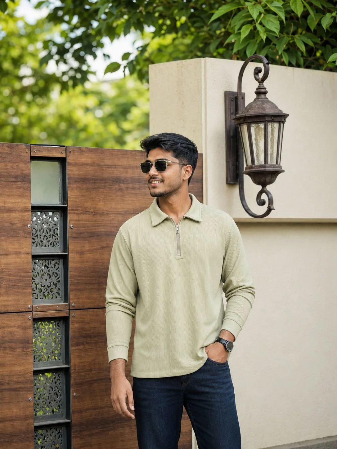 Stylish Indian Man Standing Beside Wooden Gate