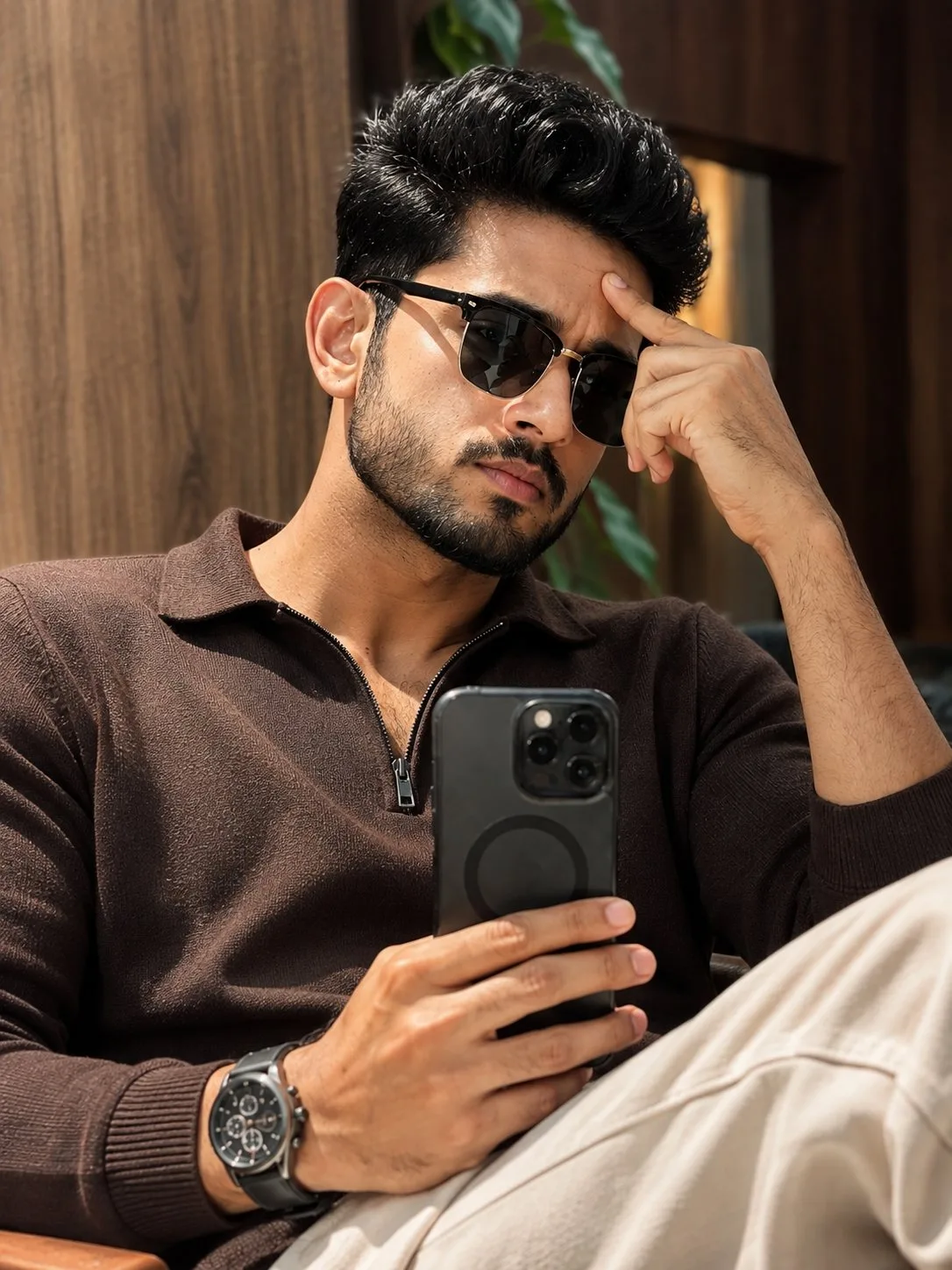 Stylish Indoor Selfie in Brown Zip Top