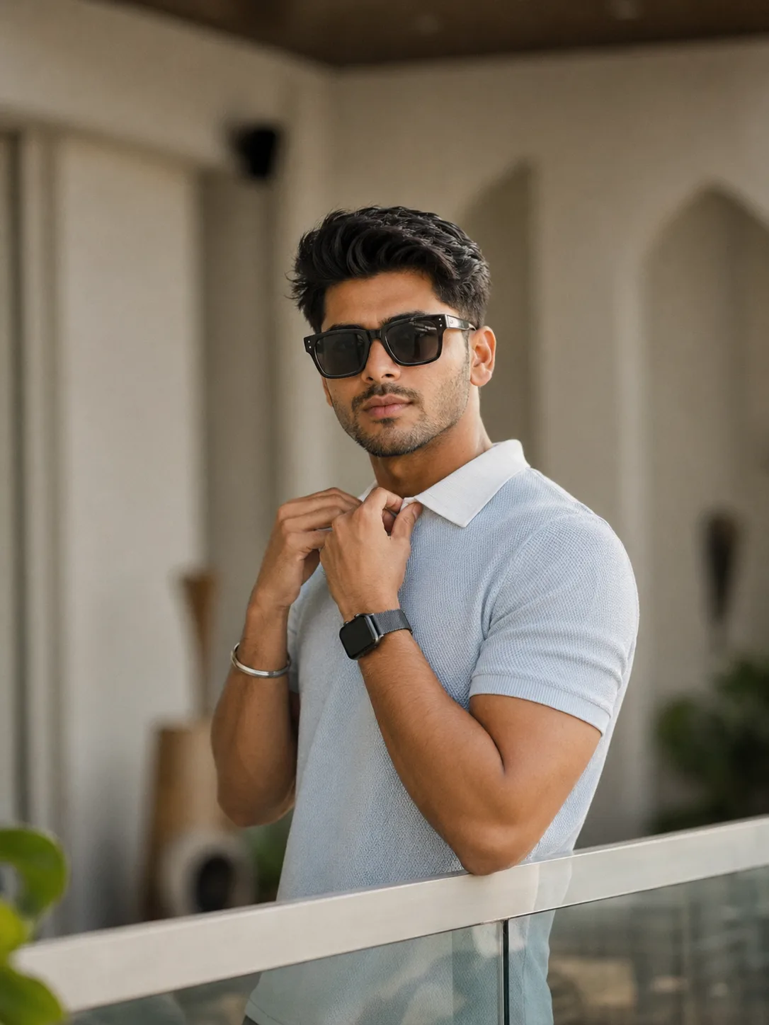 Stylish Man Adjusting His Collar on a Luxury Balcony