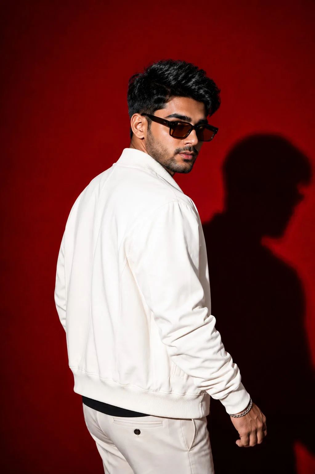 White Bomber Jacket — Red Studio Portrait