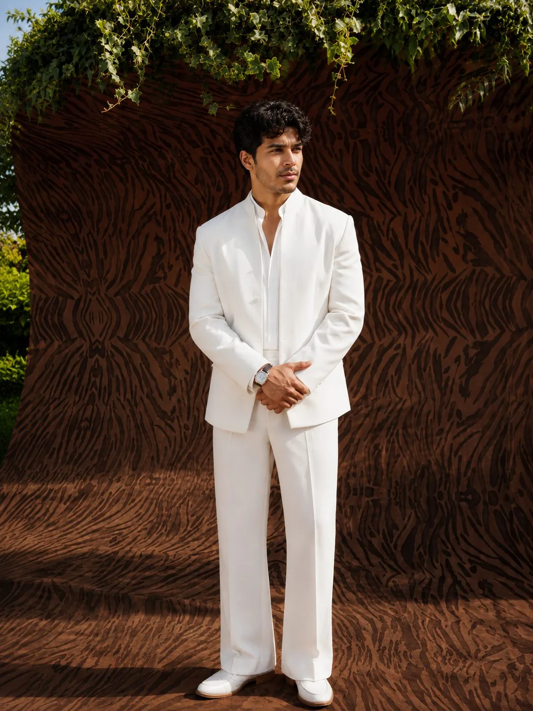 White Luxury Suit Portrait Against a Dramatic Patterned Wall