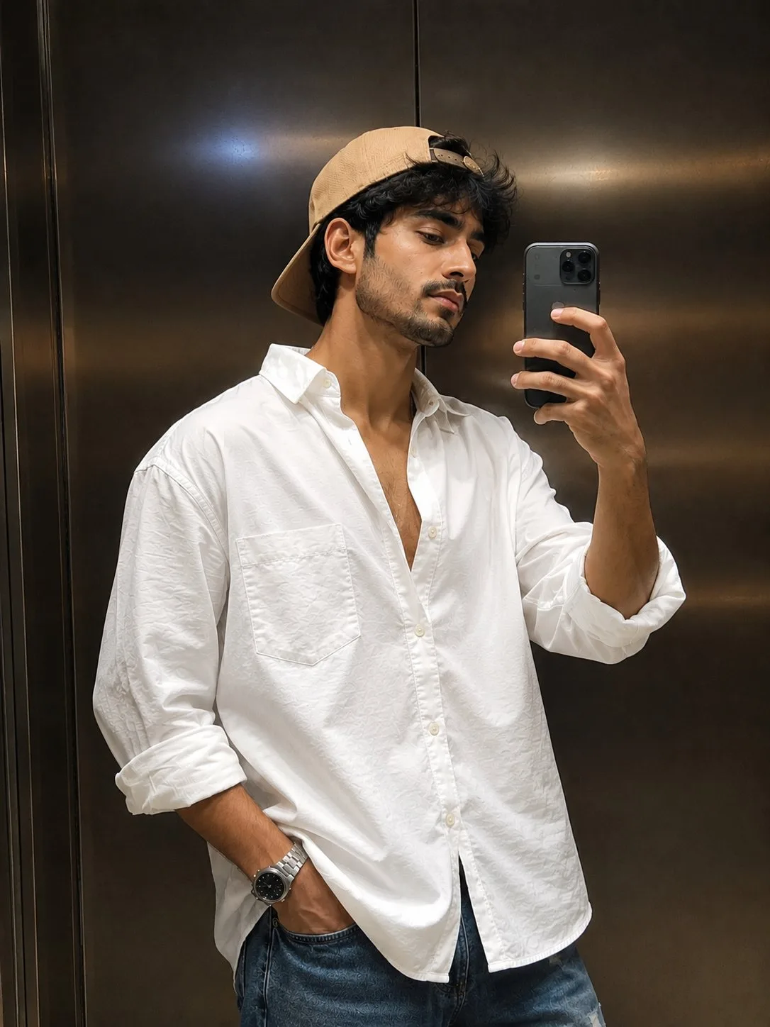 White Shirt Elevator Mirror Selfie